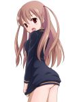  ass_cheeks atarashi_ako barokkusu blush bottomless brown_hair jersey long_hair looking_back naked_track_jacket open_mouth red_eyes saki saki_achiga-hen simple_background solo track_jacket 