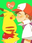  1boy baseball_cap black_hair blush child green_background hat kiss male pikachu pokemon pokemon_(anime) pokemon_(creature) satoshi_(pokemon) surprised tegaki 