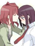  age_difference akado_harue blush closed_eyes eyes_closed incipient_kiss looking_down lowres multiple_girls necktie purple_hair red_hair redhead sagimori_arata saki saki_achiga-hen school_uniform simple_background yashu yuri 