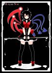  ahoge asymmetrical_wings black_background black_hair black_legwear boots character_name highres houjuu_nue looking_at_viewer meneru red_eyes short_hair smile solo standing thigh-highs thigh_boots thighhighs touhou water wings 
