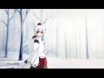  alternate_hairstyle animal_ears dress forest hat inubashiri_momiji japanese_clothes long_hair nature ponytail seo_tatsuya snow tail touhou wallpaper white white_hair wolfgirl yellow_eyes 