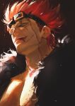  1boy eustass_captain_kid feather_boa from_below goggles goggles_on_head highres looking_at_viewer male_cleavage male_focus one_piece pectorals portrait redhead scar scar_across_eye short_hair sideburns smile solo sosogi_(qtgejyrkhrng4jk) spiky_hair toned toned_male 