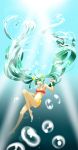  absurdres barefoot bikini bowtie bubble freediving green_eyes green_hair hatsune_miku highres long_hair short_twintails swimming swimsuit tied_hair twintails underwater very_long_hair vocaloid water 
