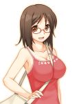  1girl bag between_breasts breasts brown_eyes brown_hair cleavage collarbone copyright_request glasses gohanrice handbag ikujitto large_breasts short_hair sleeveless solo strap_cleavage 