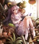  behelit bird bobby_socks book bottle butterfly butterfly_net chameleon crescent cup dodo_(bird) dress feathers flower glasses hand_net hat holding holding_book long_hair looking_at_viewer map mini-hakkero mondo open_book patchouli_knowledge pince-nez purple_eyes purple_hair sitting socks solo teacup teapot tongue touhou violet_eyes witch_hat 