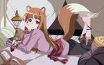  absurdres animal_ears anklet barefoot bed blush book brown_hair chin_rest duplicate feet highres holo jewelry lantern long_hair lying official_art on_stomach orange_hair pillow pouch red_eyes sadakata_kikuko sash smile soles solo spice_and_wolf tail vector vector_trace watermark wolf_ears wolf_tail wolfgirl 