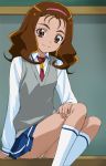  brown_eyes brown_hair chalkboard classroom hairband haruyama light_smile looking_at_viewer miniskirt necktie okada_mayu panties pantyshot pantyshot_(sitting) pantyshot_sitting precure school_uniform sitting skirt smile_precure! socks solo sweater_vest underwear vest 