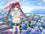  1girl blush brown_hair flower long_hair looking_at_viewer open_mouth original rain shorts sie-sie solo stairs twintails umbrella violet_eyes water 