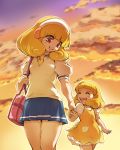  1girl bag blonde_hair blush child closed_eyes dress dual_persona eyes_closed hair_ornament hairband hand_holding hisahiko holding_hands kise_yayoi multiple_girls open_mouth precure puffy_short_sleeves puffy_sleeves school_bag school_uniform short_hair short_sleeves skirt smile smile_precure! solo sunset sweater_vest thighs time_paradox yellow_eyes young 
