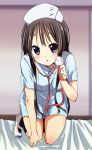  1girl akiyama_mio black_eyes black_hair blush hat k-on! kneeling long_hair looking_at_viewer nurse nurse_cap stethoscope stetoscope tamaran 