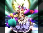  1girl blonde_hair brown_eyes chain chains dress fang horns ibuki_suika jum_(parallel_parasol) long_hair oni ribbons solo touhou wallpaper wrist_cuffs yellow_eyes 