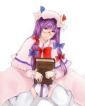  akitsuchi_shien book bow dress glasses hair_bow long_hair patchouli_knowledge purple_eyes purple_hair ribbon smile solo touhou violet_eyes 