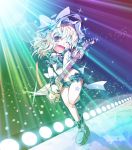  alternate_costume audience belt blonde_hair blush boots bow fang guitar hair_bow hat hat_bow instrument kirisame_marisa midriff open_fly open_mouth paji plectrum short_hair short_shorts shorts smile solo stage touhou unzipped wink witch witch_hat yellow_eyes 