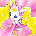  blonde_hair blue_eyes candy_(smile_precure!) chibi cure_candy dress from_behind fusion haruyama head_wings heart hoshizora_miyuki light_smile long_hair looking_at_viewer looking_back no_panties pink_background pink_dress precure smile_precure! solo tail tiara twintails 