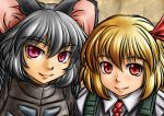  2girls animal_ears blonde_hair crossover face five-seven grey_hair hair_ribbon lips looking_at_viewer metal_gear_solid mouse_ears multiple_girls nazrin purple_eyes red_eyes ribbon rumia seva_suit stalker_(game) touhou youkai 