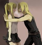  1girl ahoge blonde_hair blue_eyes blush braid couple earrings edward_elric eye_contact face-to-face fullmetal_alchemist jewelry long_hair looking_at_another mitsu_yomogi ponytail winry_rockbell wrench yellow_eyes 