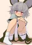  animal_ears bangs barefoot bloomers capelet covering covering_crotch dress feet ishikkoro long_sleeves looking_at_viewer mouse_ears mouse_tail nazrin no_shoes pink_background red_eyes short_hair single_sock socks soles solo sweatdrop tail touhou 