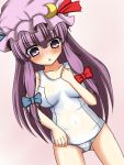  1girl bad_id bow breasts crescent hair_bow haniwagi_(hal) highres long_hair patchouli_knowledge purple_eyes purple_hair school_swimsuit solo swimsuit touhou violet_eyes white_school_swimsuit 