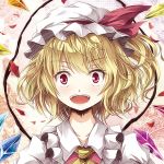  ascot bad_id blonde_hair bust flandre_scarlet hat hat_ribbon lowres open_mouth petals red_eyes ribbon shirt short_hair side_ponytail smile solo tamago_gohan touhou vest wings 
