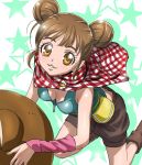  arm_warmers boots breasts brown_eyes brown_hair checkered cleavage double_bun from_above hair_bun haruno_tomoe haruyama knee_boots kneeling light_smile looking_at_viewer looking_up pouch shawl shorts sleeveless solo star star_plus_one starry_background zipper 
