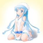  barefoot blue_eyes blue_hair dress hat ikamusume long_hair onsoku_maru shinryaku!_ikamusume sitting solo tentacle_hair wariza 