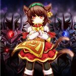  animal_ears blue_oni brown_hair cat_ears cat_tail chen crossed_arms dress earrings hat horn jewelry multiple_tails oni pantyhose red_eyes red_oni short_hair smile solo sore_(whirlwind) sore_aqu tail touhou 