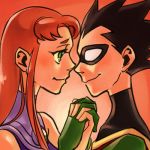 1girl black_hair blush couple dc_comics domino_mask eye_contact face gloves green_eyes hand_holding holding_hands incipient_kiss interlocked_fingers looking_at_another lowres mask profile red_hair robin_(dc) sen_(pixiv111638) smile starfire teen_titans 