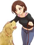  1girl brown_eyes brown_hair collarbone dani-ikapi dog idolmaster idolmaster_cinderella_girls jeans leash mizuki_seira navel open_mouth petting simple_background smile solo white_background 