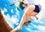  antennae ass bare_legs barefoot blush buruma cloud clouds dirt dirty_feet feet green_hair gym_shorts gym_uniform pov_feet relay_baton running short_hair sky solo sweat tokatokato touhou track track_and_field wriggle_nightbug 