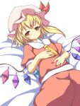  ascot blonde_hair blush flandre_scarlet hand_on_own_chest hand_on_stomach hat hat_ribbon looking_at_viewer lying on_back red_eyes ribbon sakuna shirt side_ponytail skirt skirt_set solo touhou wings 