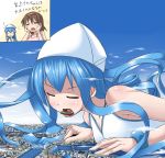  blue_hair closed_eyes destruction dress eyes_closed giantess hat ikamusume imagining nagatsuki_sanae on_stomach open_mouth shinryaku!_ikamusume ship terada_ochiko translated translation_request 