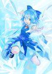  blue_eyes blue_hair bow cirno dress foreshortening gujira hair_bow hands ice open_hand open_mouth outstretched_arm outstretched_hand short_hair smile solo touhou wings 