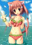  :d absurdres animal_ears bikini breasts brown_eyes cat_ears cleavage front-tie_top highres long_hair nanaroba_hana navel_piercing open_mouth original piercing polka_dot polka_dot_bikini polka_dot_swimsuit red_hair redhead scrunchie smile solo swimsuit tail v wading 