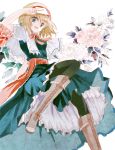  1girl alice_margatroid arm_up black_legwear blonde_hair blue_dress boots bow capelet cierra_(ra-bit) cross-laced_footwear dress flower grey_eyes hairband lace-up_boots open_mouth pantyhose sash short_hair solo touhou 
