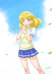  blonde_hair blush hairband hands_together joy_ride kise_yayoi leaf open_mouth precure school_uniform short_hair skirt smile smile_precure! solo sweater_vest wind yellow_eyes 