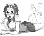  1girl blush bow character_request copyright_request food fruit glasses hair_bow looking_at_viewer lying monochrome on_stomach paseri popsicle skirt solo watermelon 