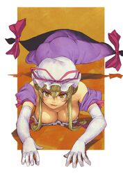  1girl and ass bare_shoulders blonde_hair bonnet breasts cleavage elbow_gloves gap gloves hat highres large_breasts licking_lips long_hair looking_at_viewer solo tongue touhou yakumo_yukari yellow_eyes 