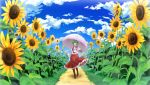  1girl ascot boots breasts closed_eyes cloud clouds flower flower_field green_hair kazami_yuuka plaid plaid_vest sen&#039;yuu_yuuji shirt short_hair skirt sky smile solo sunflower touhou umbrella vest 