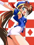  90s arm_up armpits ass brown_hair checkered checkered_background cropped_jacket diamond_(shape) green_eyes haruyama hat jaja-uma_quartet joe_diamond_xvii long_hair looking_at_viewer looking_back miniskirt open_mouth panties pantyshot pantyshot_(standing) playing_card_theme ponytail short_jacket skirt smile solo two-tone_background underwear uniform upskirt very_long_hair 