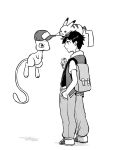  1boy backpack bag baseball_cap black_eyes black_hair drink hat headwear_removed male mew pikachu pokemon pokemon_(creature) pokemon_(game) pokemon_rgby red_(pokemon) sakatsuki_ryuu 