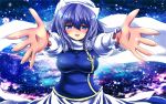  blue_eyes blush breasts clothes_pin cloud clouds hat highres incoming_hug large_breasts lavender_hair letty_whiterock long_sleeves looking_at_viewer nekominase open_hands open_mouth outstretched_arms pov reaching scarf short_hair sky solo star_(sky) starry_sky touhou wallpaper widescreen 