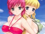  2girls blonde_hair blue_eyes happoubi_jin iihara_nao long_hair pink_hair resort_boin sky swimsuit tsukushino_mitsugu 
