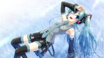  aqua_eyes aqua_hair blush detached_sleeves hatsune_miku headset highres long_hair natsuhime_yuran necktie open_mouth partially_submerged skirt solo thigh-highs thighhighs twintails very_long_hair vocaloid water wink 
