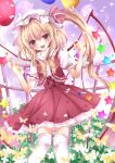  balloon blonde_hair butterfly flandre_scarlet flower hat heart looking_at_viewer nanase_nao red_eyes short_hair side_ponytail solo star thigh-highs thighhighs touhou white_legwear wings 