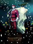  antlers belt boots brick buckle chimney christmas facial_hair g_gundam grey_hair gundam hat highres house male manly master_asia migo mustache night sack santa_costume santa_hat snow 