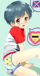  1boy ass blue_hair blush boxers briefs censored child english green_hair identity_censor lying on_side open_mouth original pichu pikachu pokemon red_eyes short_hair shota sidvicious solo speech_bubble t-shirt tears underwear wavy_mouth yuki_(vicious) 