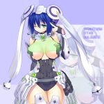  armor asamura_hiori bare_shoulders blue_background blue_hair breasts curvy detached_sleeves fingernails green_eyes hat highres large_breasts looking_at_viewer navel phantasy_star phantasy_star_online_2 science_fiction short_hair skirt smile solo standing text thigh_gap thousand_rim title_drop wink zoom_layer 