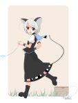  1girl animal_ears boots capelet frills grey_hair highres meneru mouse mouse_ears mouse_tail nazrin open_mouth pendulum red_eyes short_hair simple_background skirt skirt_set solo tail touhou wrist_cuffs 