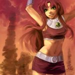  2012 armpits arms_up dc_comics green_eyes long_hair midriff miniskirt navel parted_lips prink realistic red signature skirt smile solo starfire teen_titans 