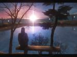  1girl bench brown_hair highres hono_mochizuki lake landscape original scenery scenic sky star star_(sky) stars sunrise sunset tree water 